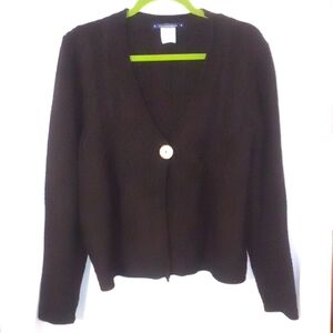 Size large dark brown cable knit sweater v-neck one button front closure